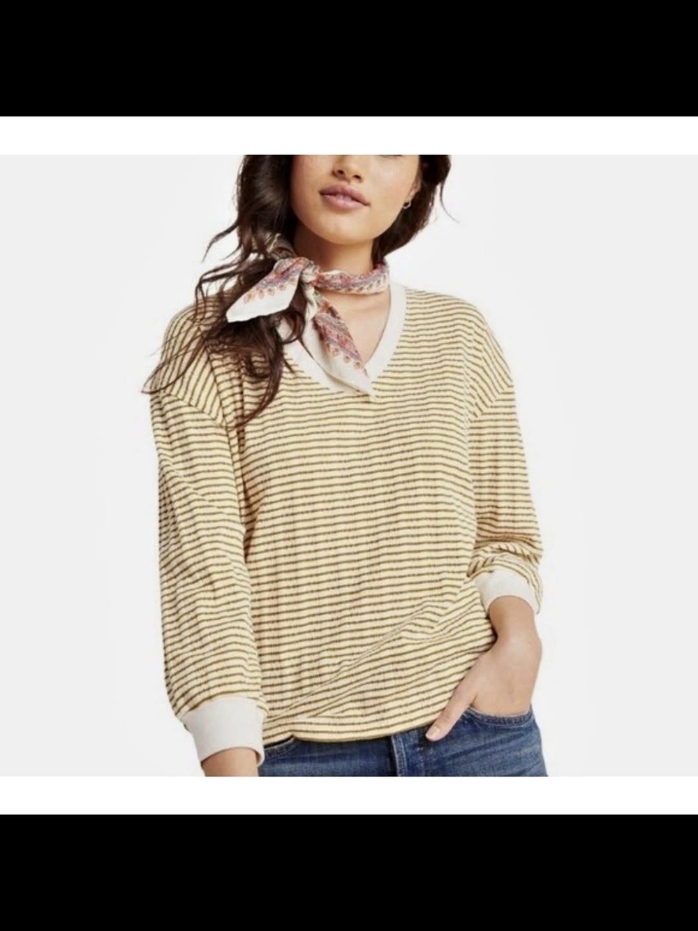 By Anthropologie Olive Green Cream Striped Textured V-Neck Top Size S